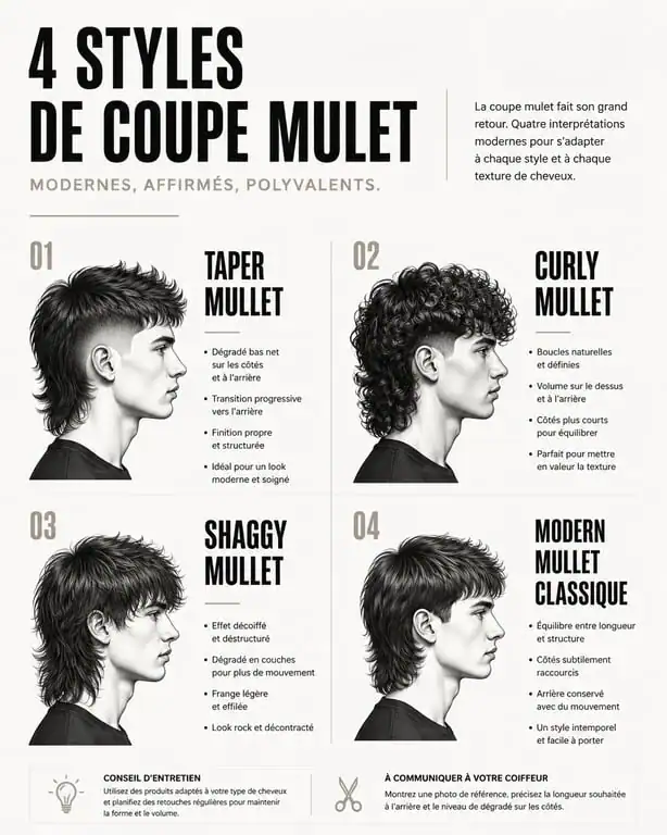 Infographie des styles de coupe mulet moderne : Taper, Curly, Shaggy et classique pour choisir sa coiffure.