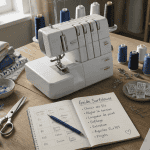 surfileuse domestique sur table avec tissus et outils