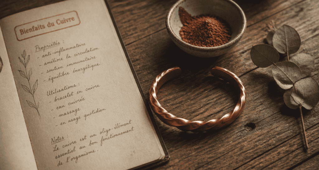 bracelet cuivre artisanal sur table bois