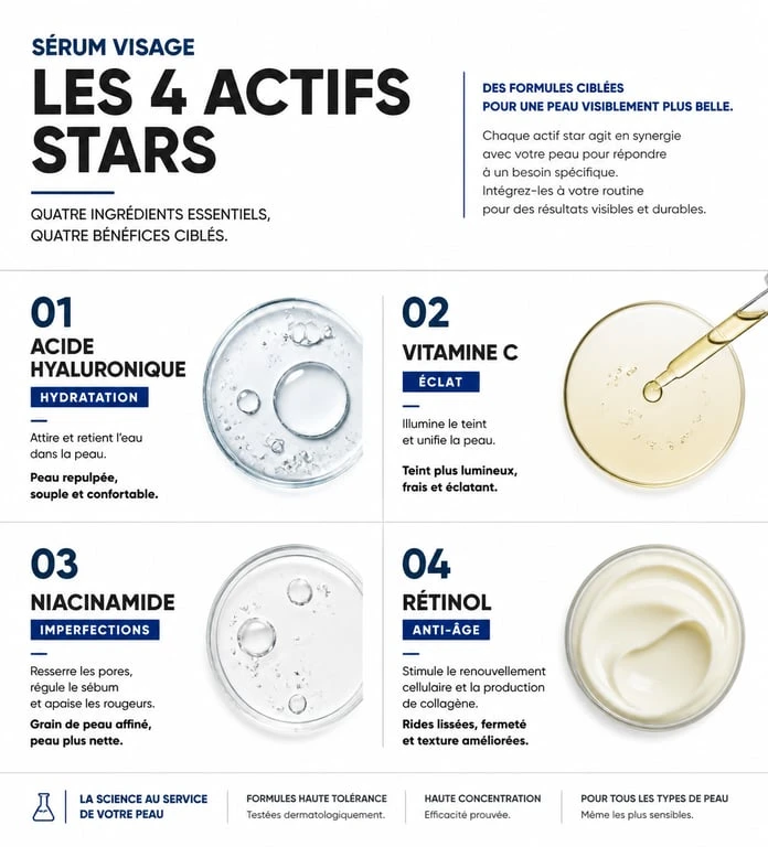 Infographie comparative des actifs pour choisir le bon sérum visage selon son type de peau