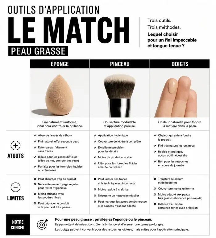 Comparatif des outils d'application de fond de teint pour peau grasse