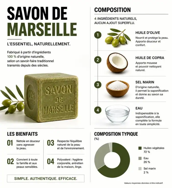 Infographie des bienfaits et composition du véritable savon de Marseille