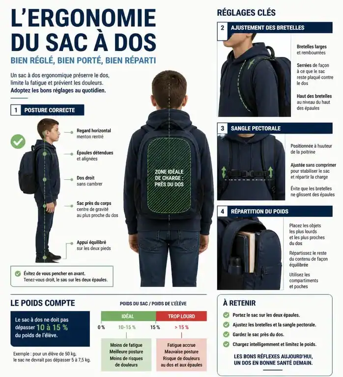 Conseils d'ergonomie pour choisir un sac pour le collège et protéger le dos de l'enfant