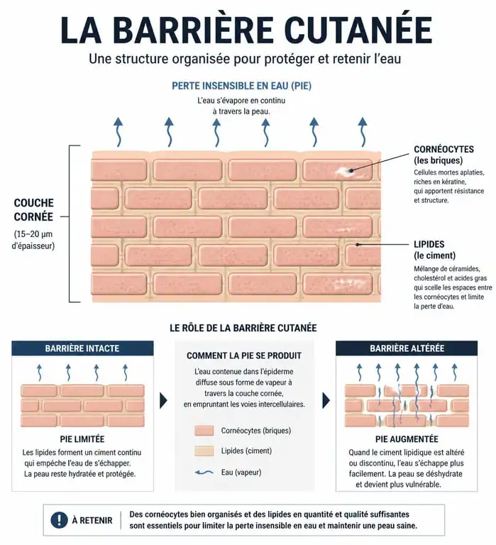 Schéma explicatif de la barrière cutanée et du mécanisme d'hydratation de la peau pour comprendre comment hydrater sa peau efficacement.