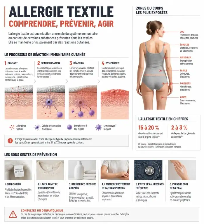 Infographie sur l'allergie textile et les conseils de prévention pour les peaux sensibles