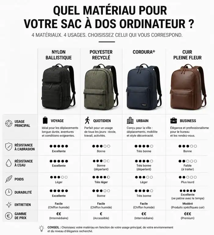 Infographie comparative des matériaux pour sac à dos ordinateur portable : Nylon, Polyester, Cordura et Cuir