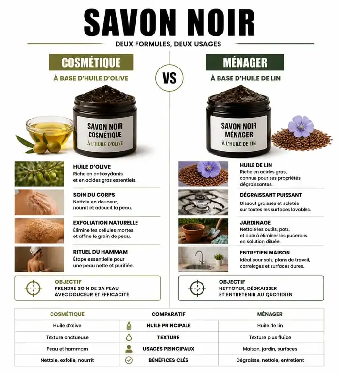 Infographie comparative des bienfaits et usages du savon noir cosmétique et ménager