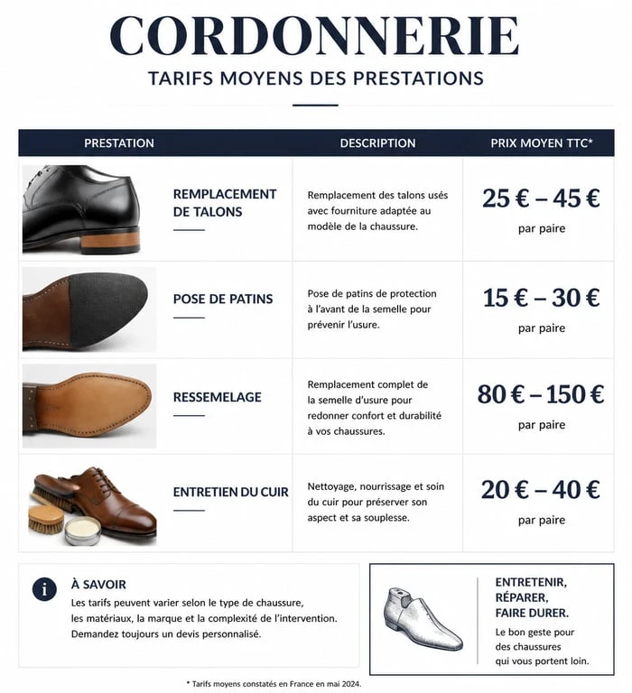 Infographie des tarifs moyens et services de cordonnerie pour réparer vos chaussures et sacs