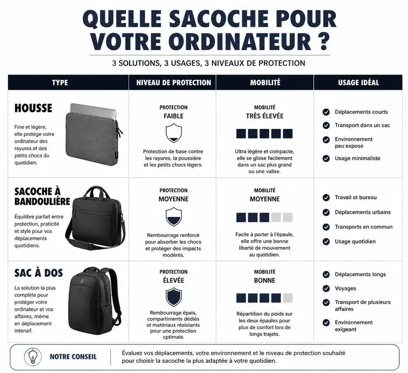 Infographie comparative des types de sacoche pour ordinateur : housse, sacoche et sac à dos