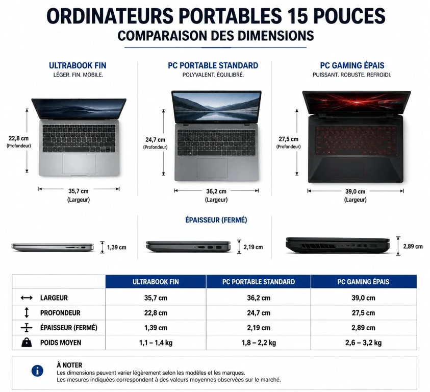 Infographie comparative des dimensions réelles pour choisir une housse ordinateur 15 pouces adaptée