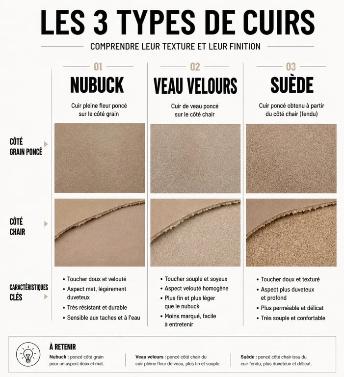 Comparatif visuel des différences entre nubuck, veau velours et suède pour vos chaussures en daim