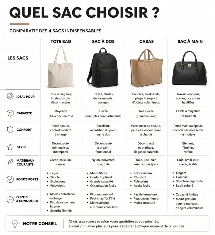Infographie comparative des types de sacs : tote bag, sac à dos, cabas et sac à main