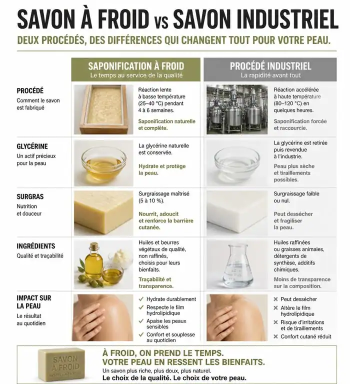 Infographie comparative : saponification à froid vs procédé industriel pour le meilleur savon surgras