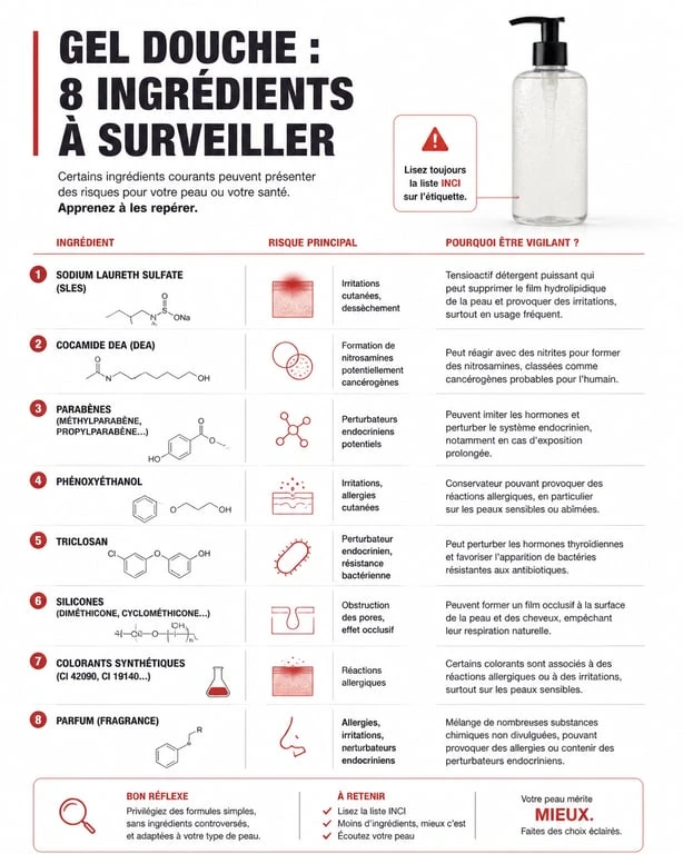 Infographie des ingrédients à éviter dans un gel douche pour faire un choix éclairé et protéger sa peau.