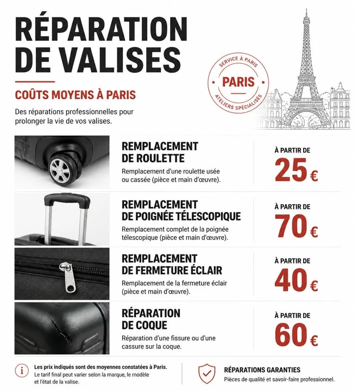 Infographie des prix moyens pour réparer une valise à Paris