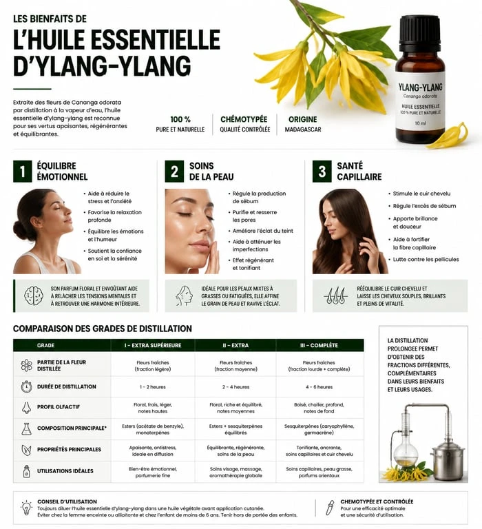 Infographie des bienfaits et usages de l'huile essentielle d'ylang-ylang pour la santé et la beauté