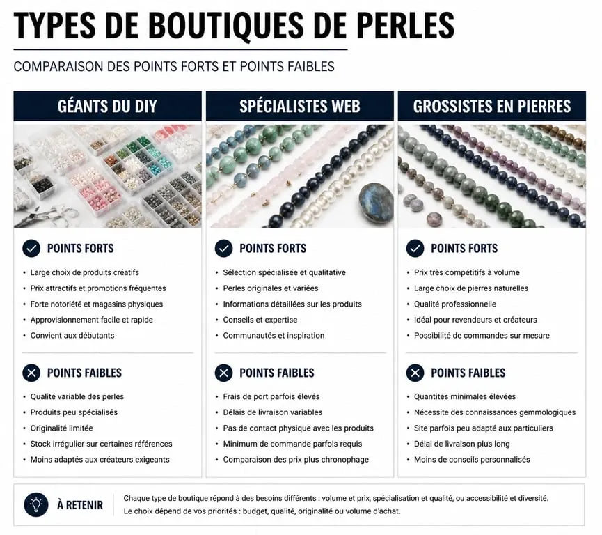 Infographie comparative pour savoir où acheter des perles : avantages et inconvénients des boutiques en ligne et grossistes.