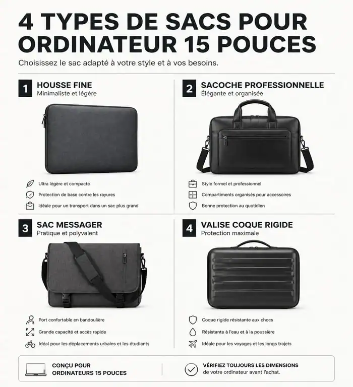 Comparatif visuel des différents types de sacoches pour ordinateur 15 pouces : housse, mallette, messenger et sacoche rigide.