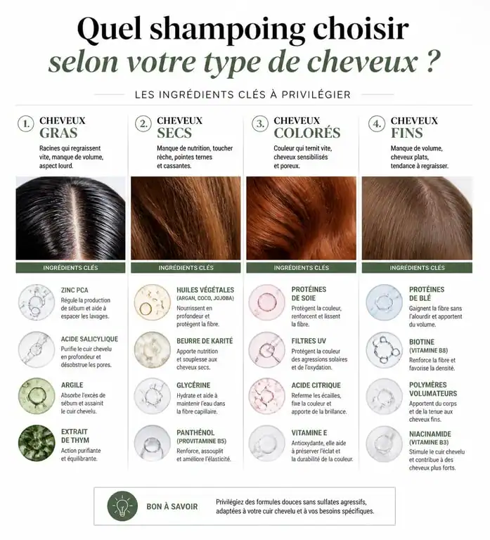 Infographie pour choisir son shampoing selon son type de cheveux