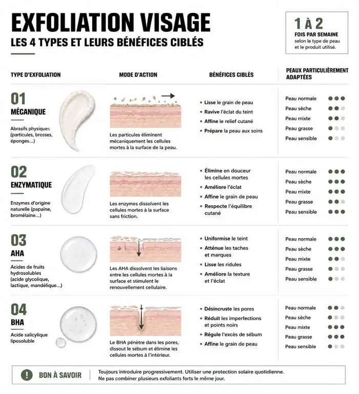 Infographie comparative des méthodes d'exfoliation pour choisir le meilleur gommage visage selon son type de peau