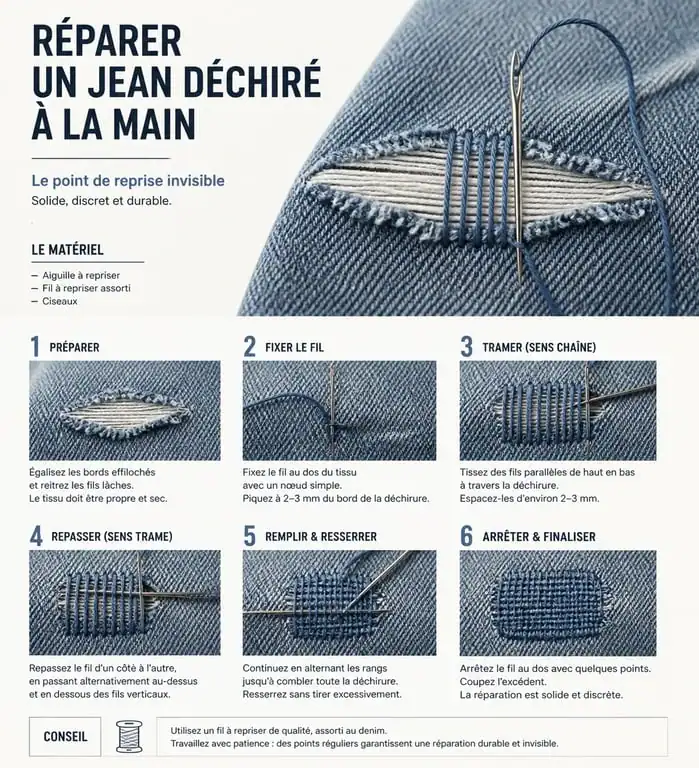Étapes pour réparer un trou dans un jean sans machine à coudre avec la technique du point de reprise