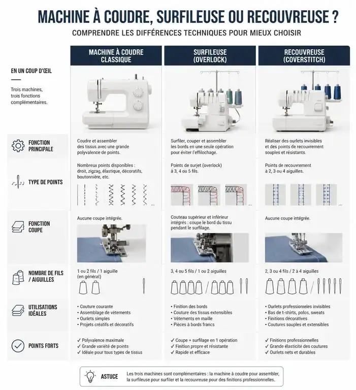 Comparatif des machines à coudre : machine classique, surfileuse et recouvreuse pour choisir son équipement.