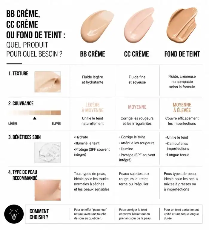 Infographie comparative BB crème, CC crème et fond de teint selon l'avis d'un dermatologue