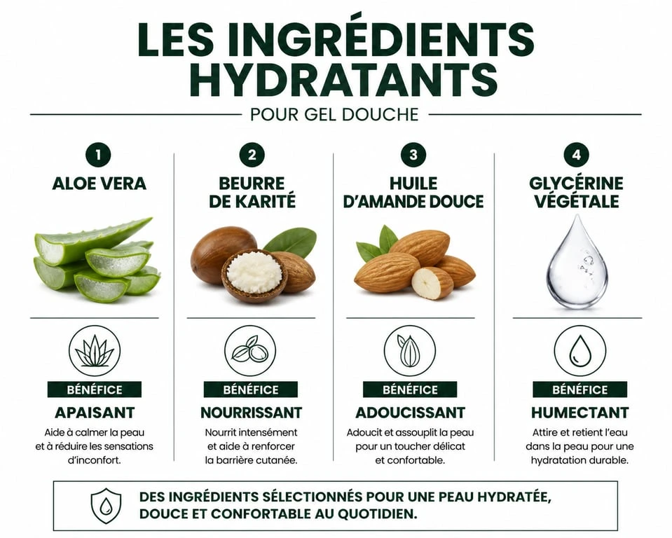 Infographie des meilleurs ingrédients pour un gel douche hydratant femme