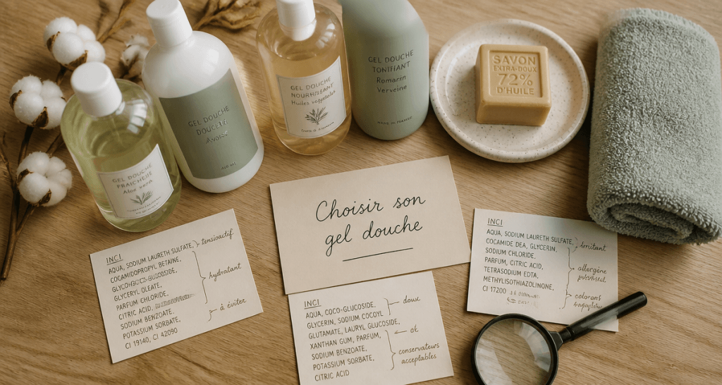 Gel douche que choisir, flacons et étiquettes INCI sur table
