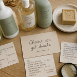 Gel douche que choisir, flacons et étiquettes INCI sur table