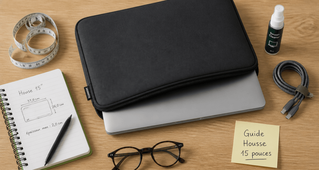 housse ordinateur 15 pouces noire sur bureau avec accessoires