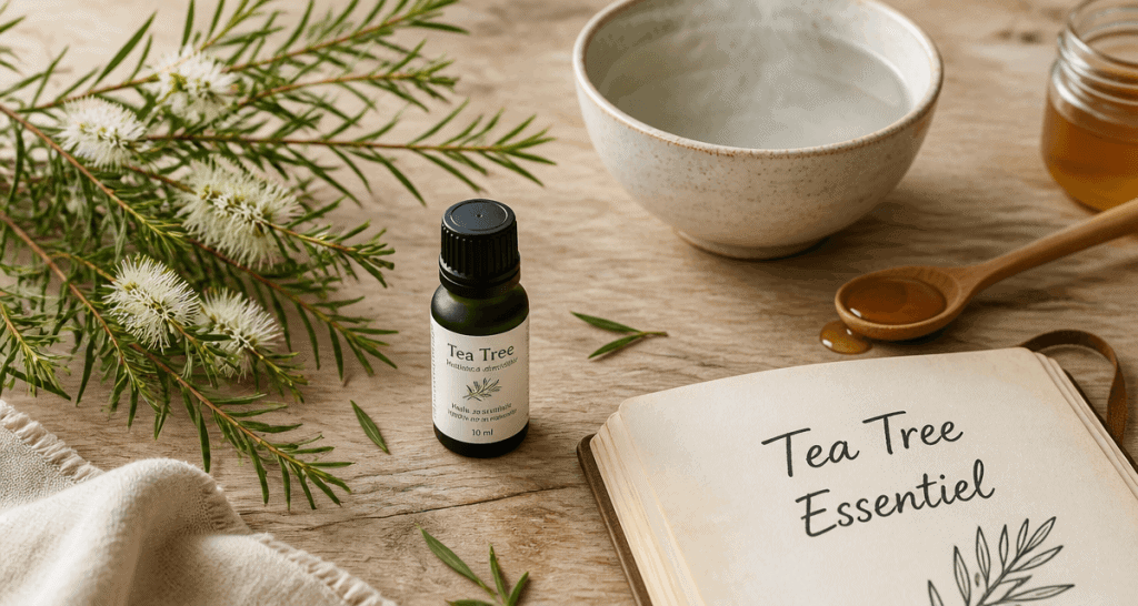 Huile essentielle tea tree utilisation avec feuilles et bol