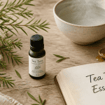 Huile essentielle tea tree utilisation avec feuilles et bol