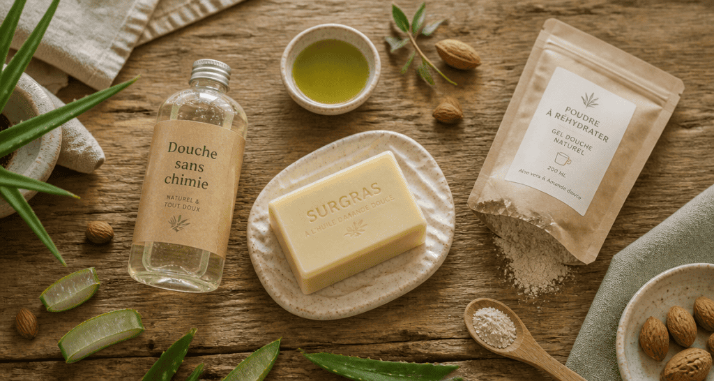 meilleur gel douche sans produits chimiques sur table en bois