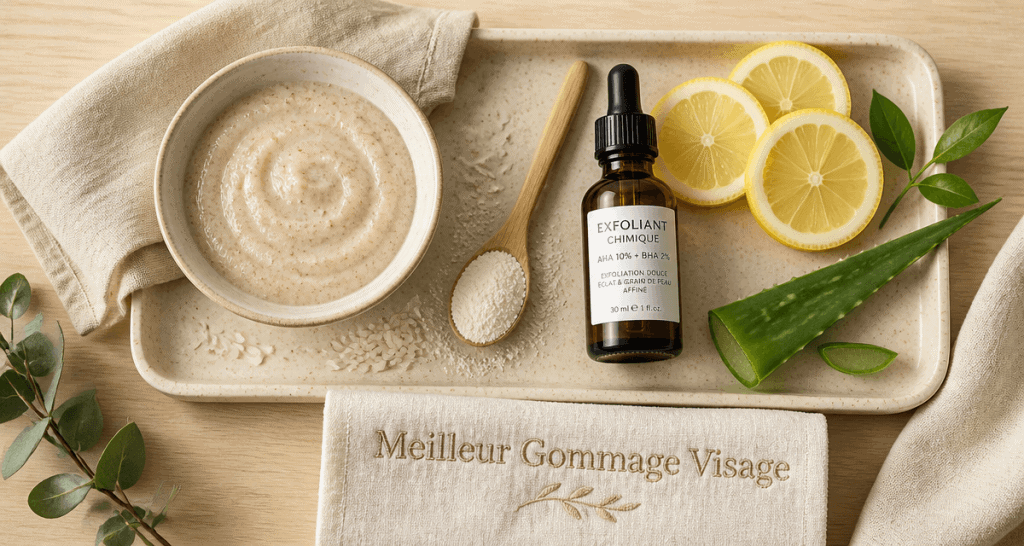 Meilleur gommage visage sur plateau salle de bain élégant