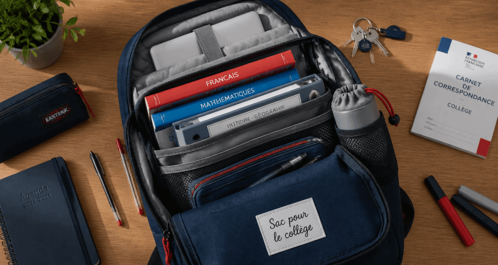 sac pour le collège ouvert avec fournitures et ordinateur