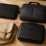 Sacoche ordinateur 15 pouces sur bureau en bois