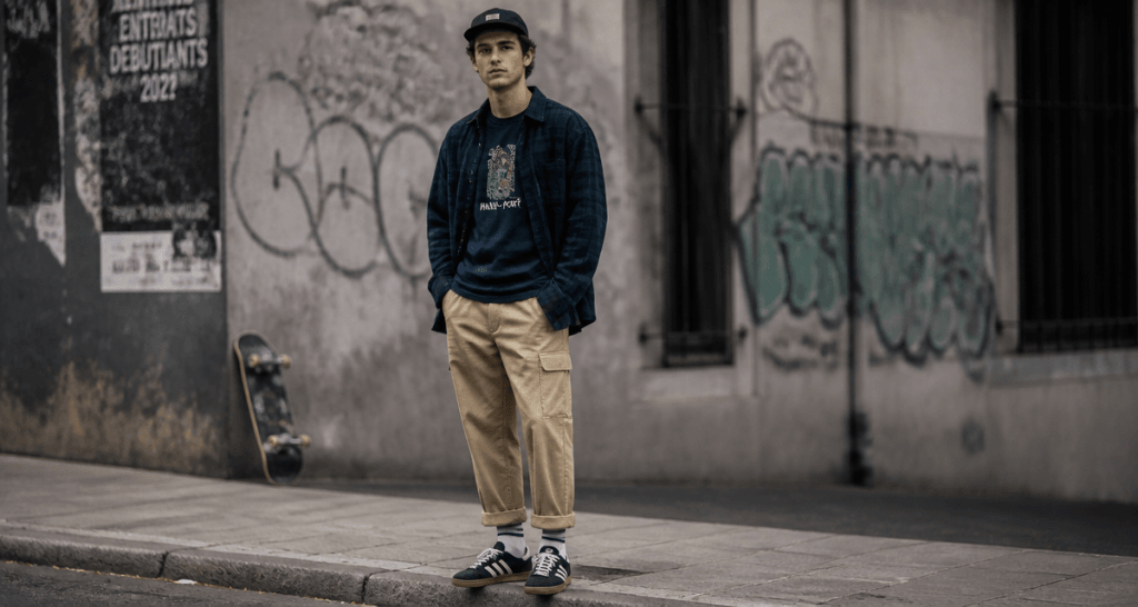 style skateur homme sur trottoir urbain