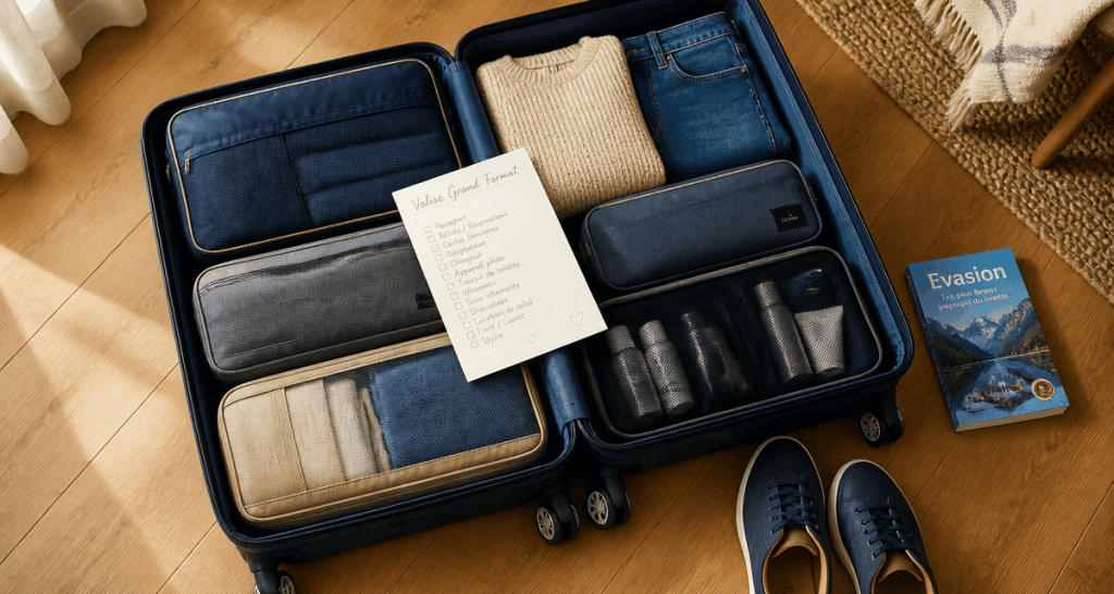 valise grand format ouverte et organisée