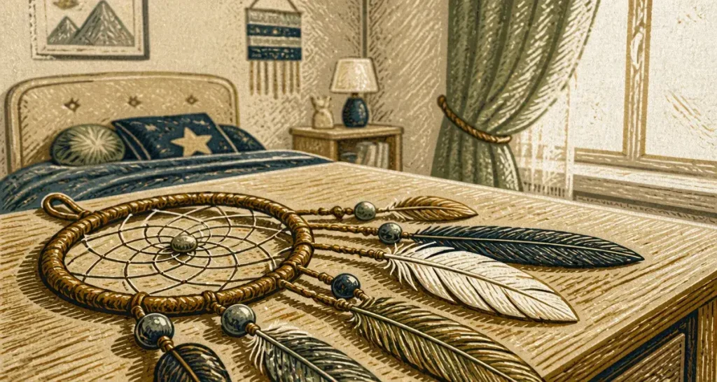 Attrape rêve indien artisanal sur table en bois clair, plumes et perles