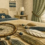 Attrape rêve indien artisanal sur table en bois clair, plumes et perles
