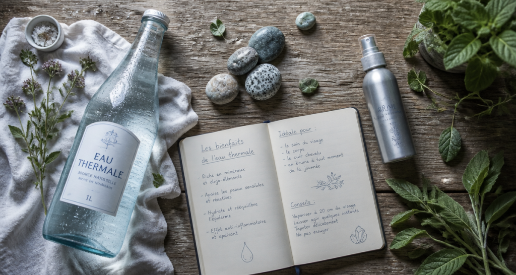 bienfaits eau thermale bouteille galets carnet