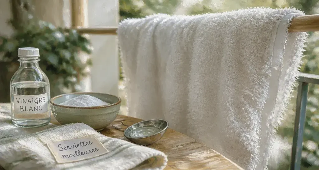 Comment avoir des serviettes de toilette moelleuse sans sèche-linge, serviette blanche séchant à l’air libre avec vinaigre et bicarbonate