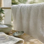 Comment avoir des serviettes de toilette moelleuse sans sèche-linge, serviette blanche séchant à l’air libre avec vinaigre et bicarbonate