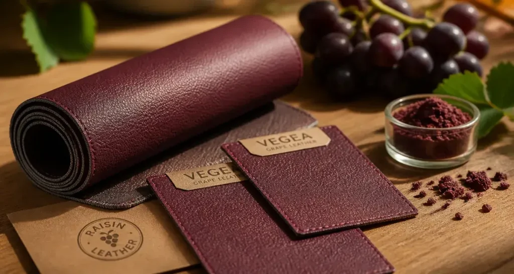 Cuir de raisin VEGEA sur table, texture et échantillons