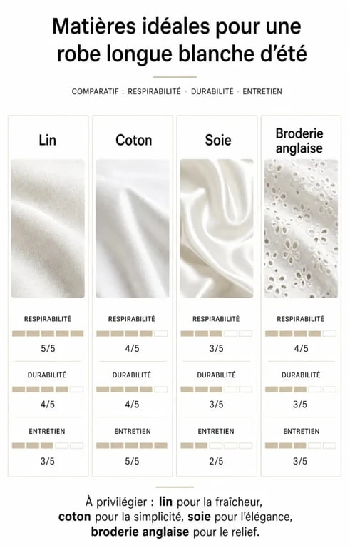 Infographie comparative des matières pour choisir sa longue robe blanche d'été : lin, coton, soie et broderie anglaise.