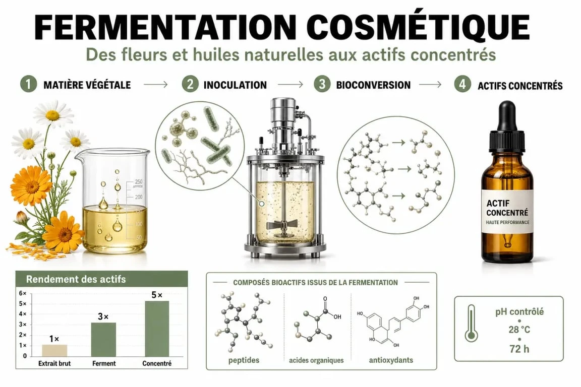 Schéma du processus de fermentation des ingrédients cosmétiques Florena pour une peau hydratée