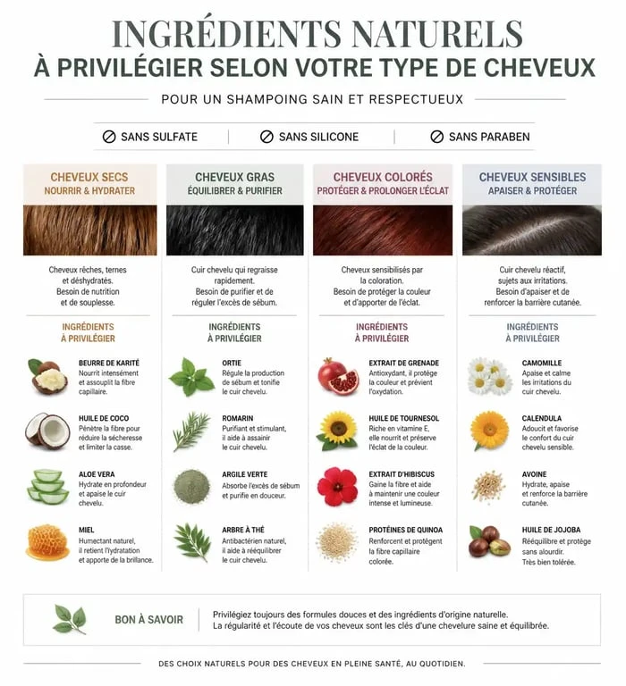 Infographie des meilleurs ingrédients naturels pour shampoing sans sulfate sans silicone sans paraben par type de cheveux