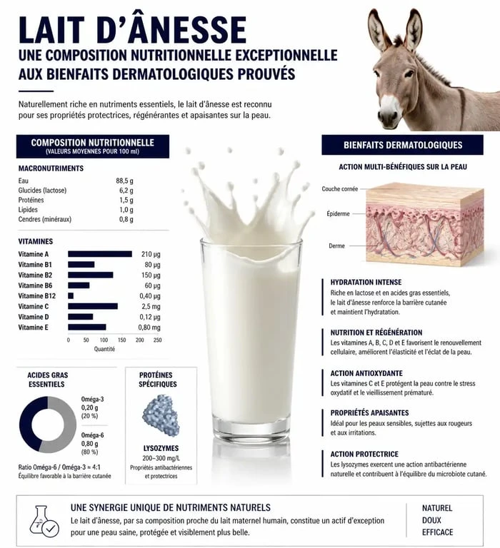 Infographie des bienfaits du savon au lait d'ânesse pour la peau et composition nutritionnelle