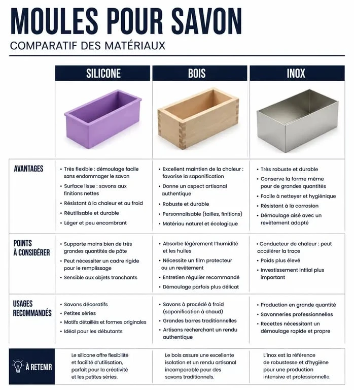 Comparatif des matériaux de moule pour savon : silicone, bois et inox pour la fabrication artisanale.